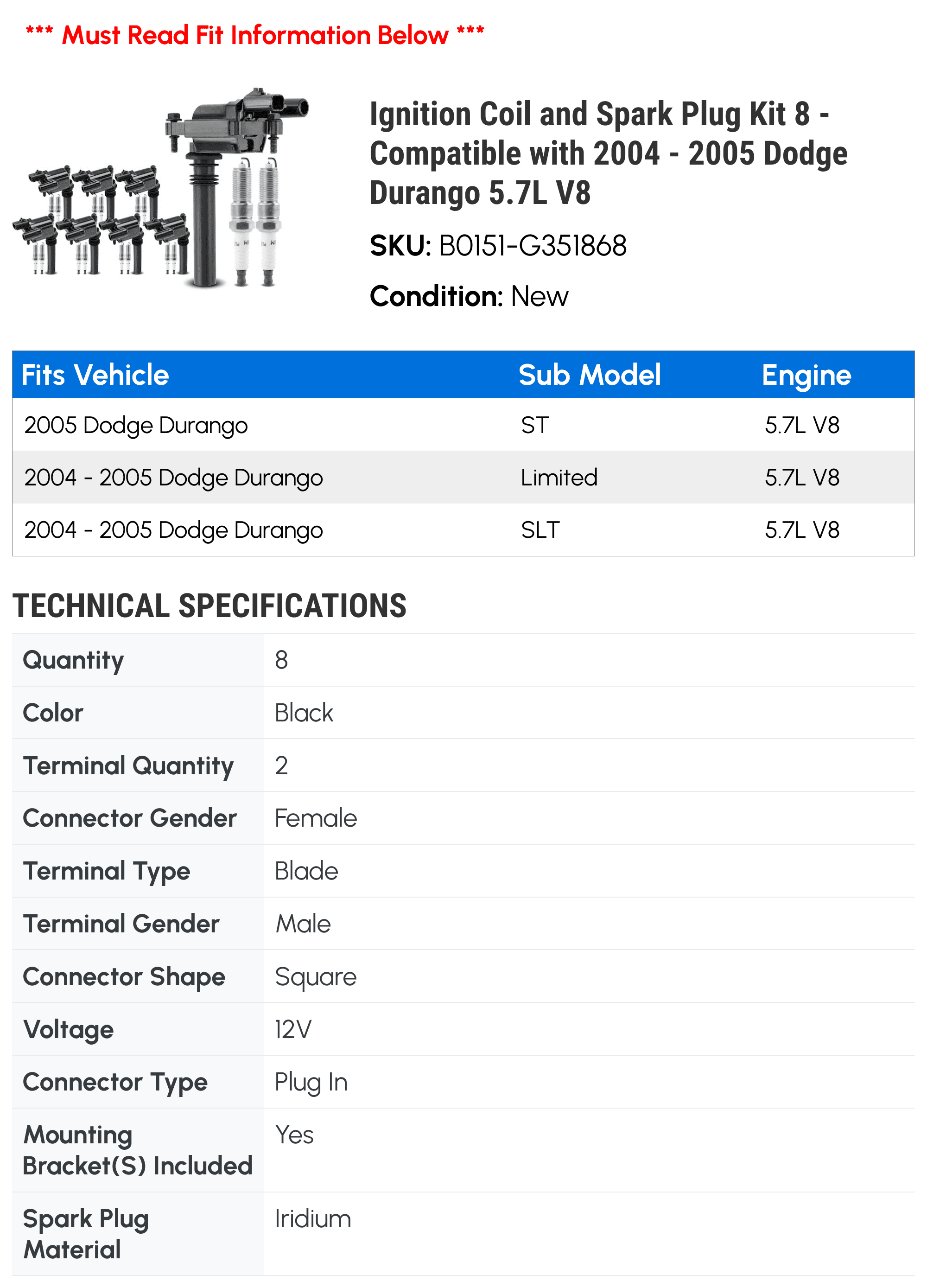 Ignition Coil and Spark Plug Kit 8 - Compatible with 2004 - 2005 Dodge Durango 5.7L V8 - Autopart Premium