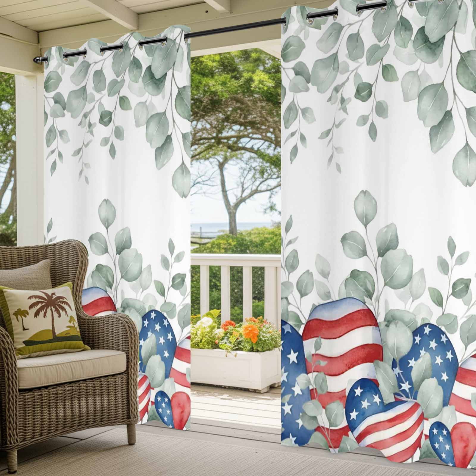 Independence Day Outdoor Curtains for Patio, Red Blue Star Stripe Love Heart Eucalyptus Leaves Sunshade Privacy Drapes Grommet Waterproof Outside Curtains for Porch/Cabana/Balcony 54"x 108", 1 Panel