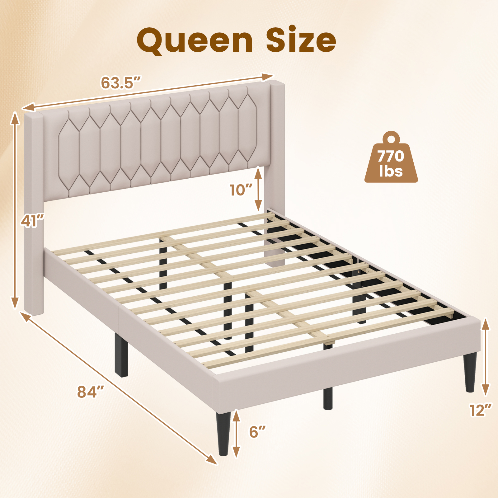 Gymax Queen Size Bed Frame Dutch Velvet Upholstered Platform Bed w/Wingback Headboard Beige