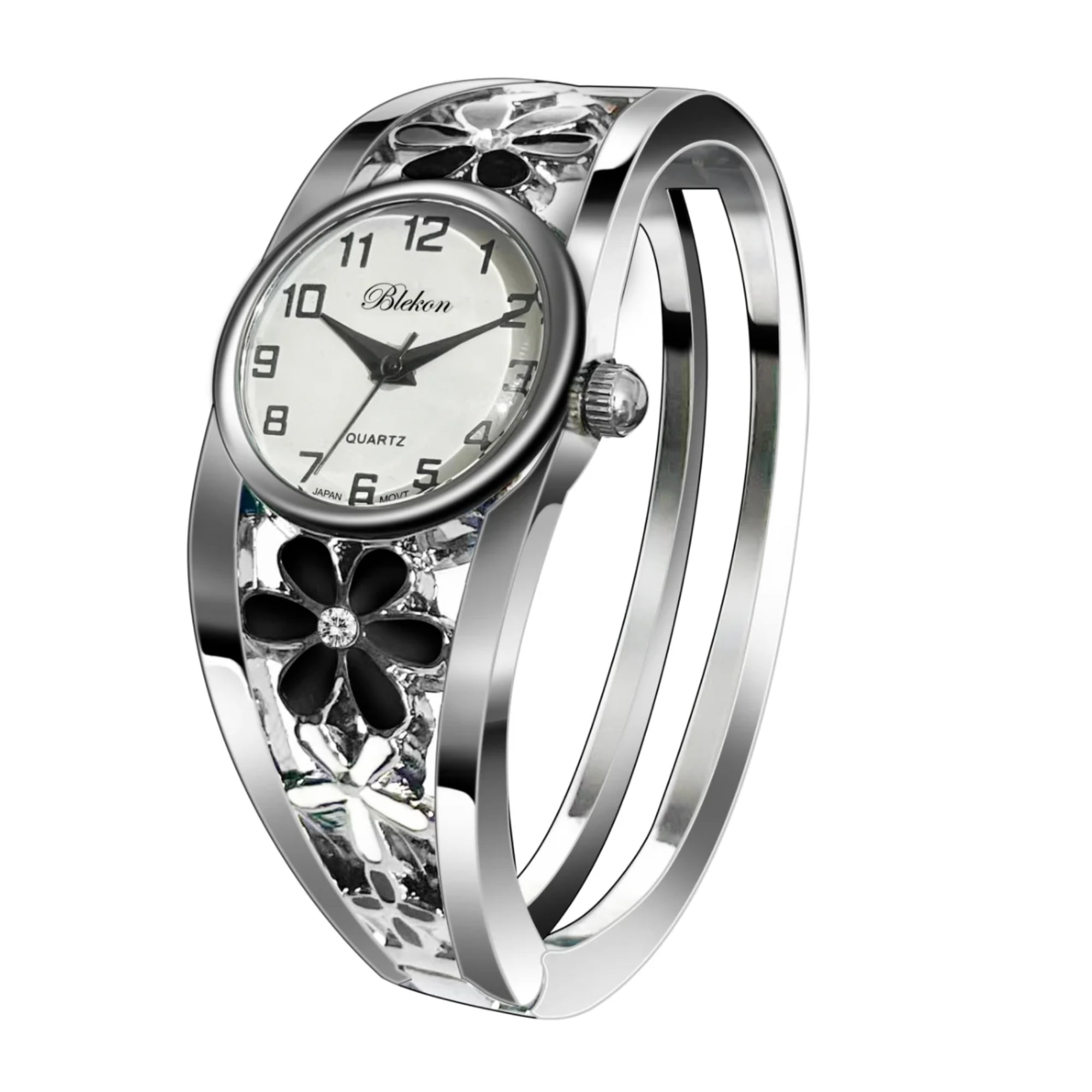 Blekon Women’s Cuff Bangle Watch With Elegant Silver Bracelet, Flower Design Dial, Fashion Jewelry Timepiece