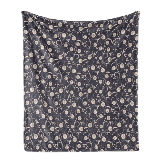 Floral Soft Flannel Fleece Throw Blanket, Abstract Silhouettes of Romantic Flowers Swirling Stems and Leaves, Cozy Plush for Indoor and Outdoor Use, 50" x 70", Dark Blue Grey and Beige, by Ambesonne