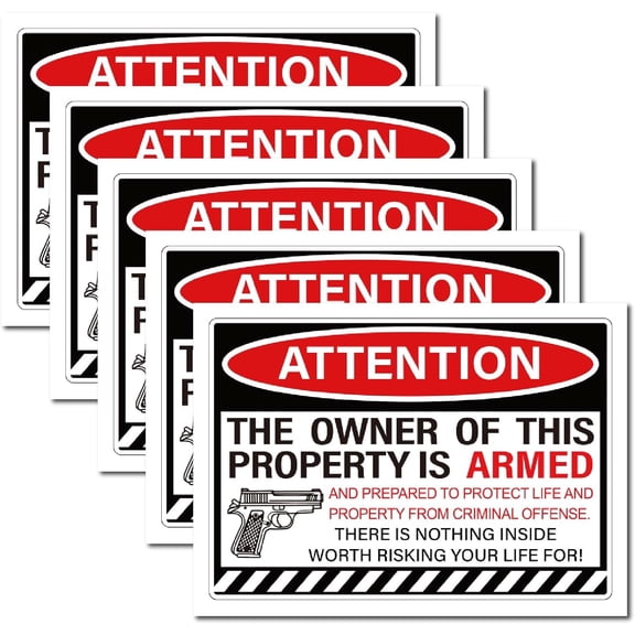 5Pcs Warning Attention The Owner of This Property is Armed Sign Stickers 9.8x6.8In Vinyl Decal Labels Security Notice Waterproof Adhesive Wall for Workplace Bank Uptown Security Store