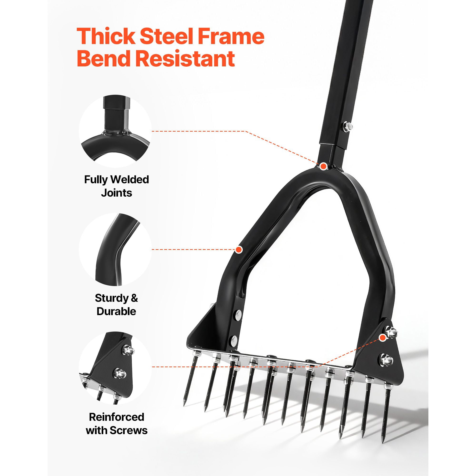 Lawn Aerator Tool, 15 Solid Steel Spikes, 2.8" Penetration Depth, 34.6" Height, 200 lbs Downward Force Capacity, Manual Core Aerator for Lawns, Garden Paths & Pet Areas