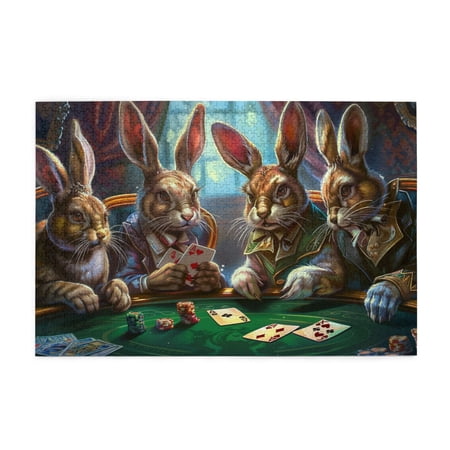 1000 PCS Puzzles For Adults 1000 Pieces Rabbit Playing Poker Vibrant And Stunning Design Funny Rabbit Playing Poker Wooden Puzzle Great For Relaxation And Display For Puzzle Lovers Birthday Present