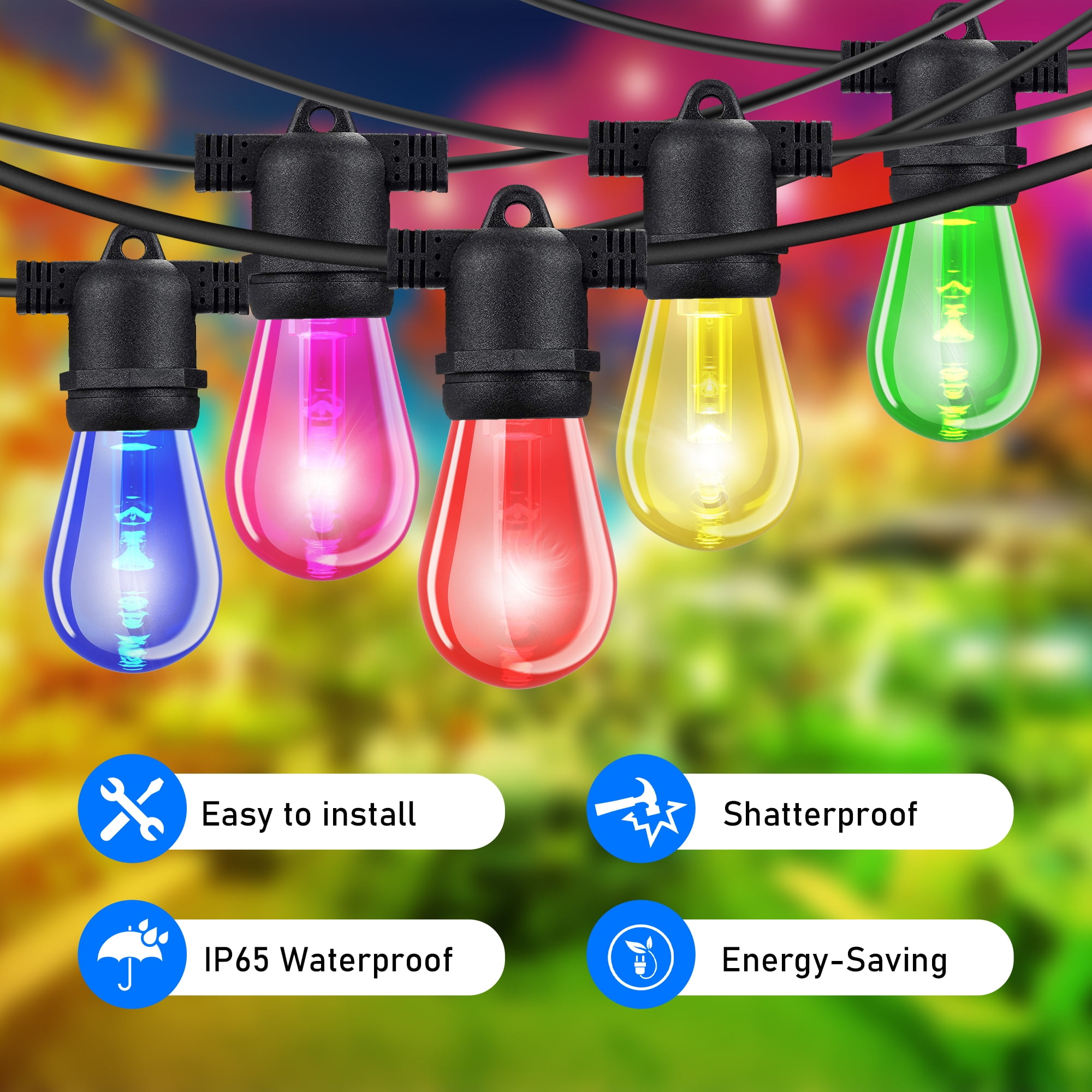DAYBETTER Outdoor String Lights, 48FT Smart RGBIC Patio Lights, 15 Shatterproof Bulbs, Remote & App Control, for Garden Christmas Decor