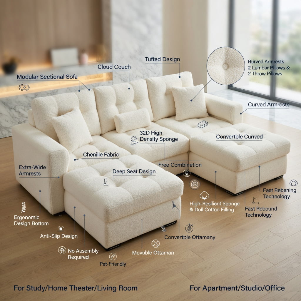 Hommoo Teddy Fleece 2-Seat Modular Loveseat Sofa with Curved Backrest, Removable Ottoman & Lumbar Pillows, Cloud-Like Comfort Sectional Couch, Beige