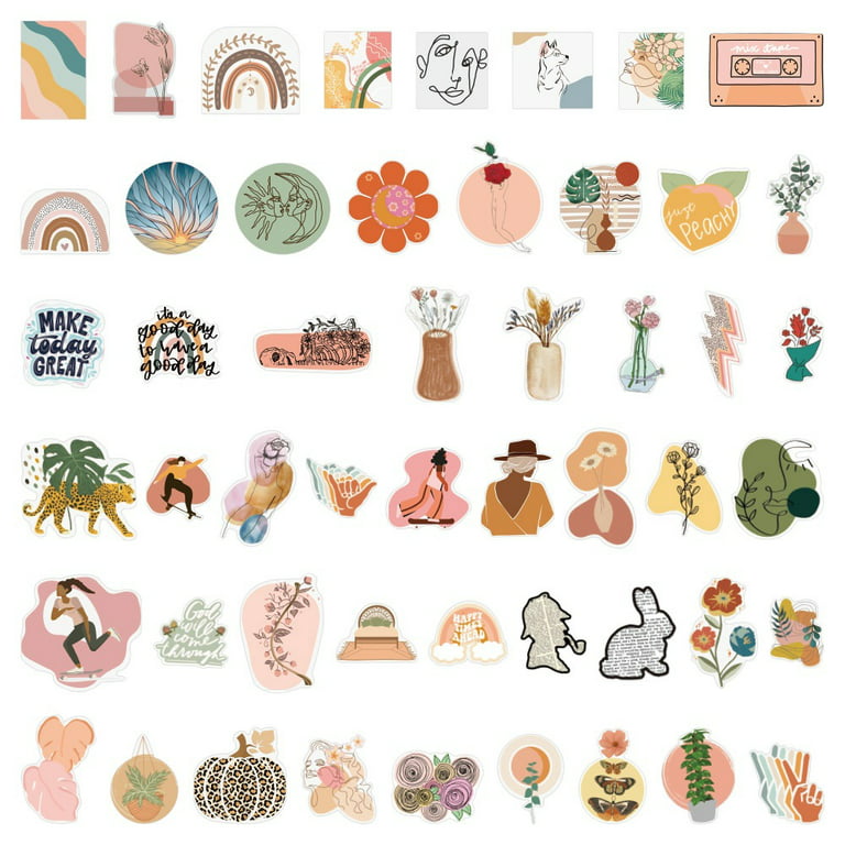 100pcs Boho Aesthetic Stickers for Adult, Vintage Sticker for Water Bottle Laptop, Minimalist Abstract Line Art Vinyl Waterproof Stickers for Journal