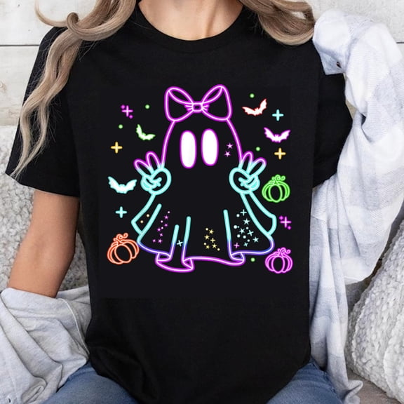 100% Cotton Halloween Ghost Girl Neon Glow T-Shirt Cute Spooky Design with Pumpkins Bats and Stars for Women Girls Fun Costume Party Wear
