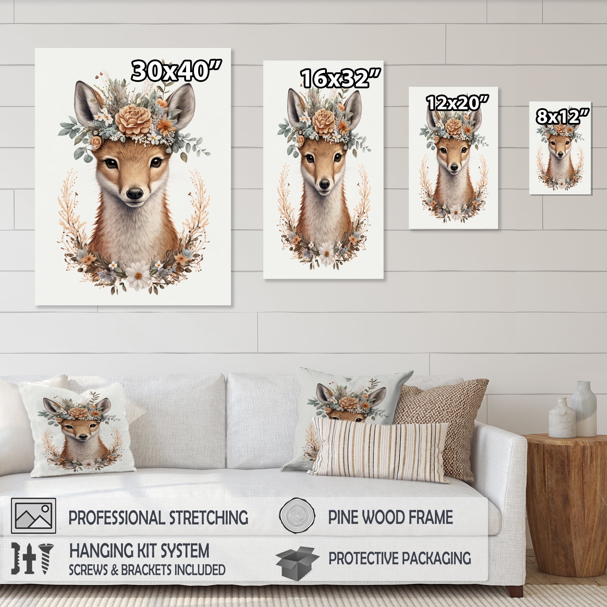 Designart Cute Baby Fox With Floral Crown III Canvas Wall Art