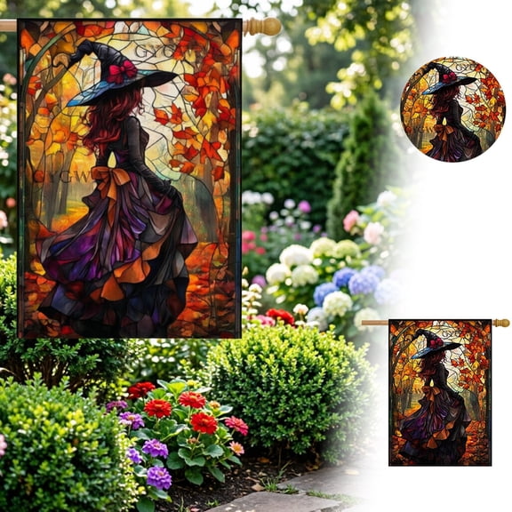 Halloween Double‑Sided Witch House Flag 28×40 Inch, Stained‑Glass Burlap‑Style Polyester Yard Flag, Weather‑Resistant Outdoor Banner for Fall Porch Garden Holiday Decoration