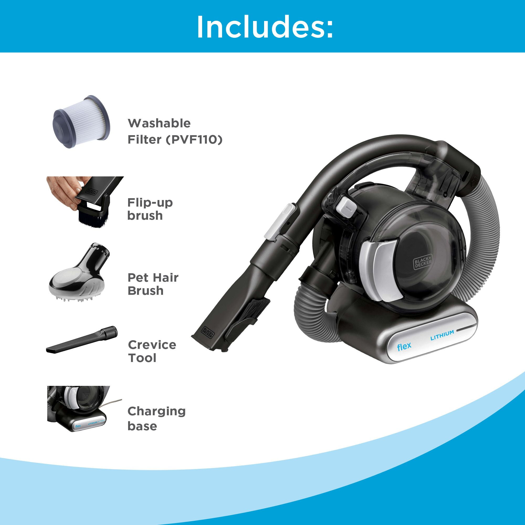 BLACK+DECKER dustbuster FLEX Cordless Handheld Vacuum, Home & Car Cleaning, with Flexible Hose and Pet Hair Brush, BDH2020FL, Black