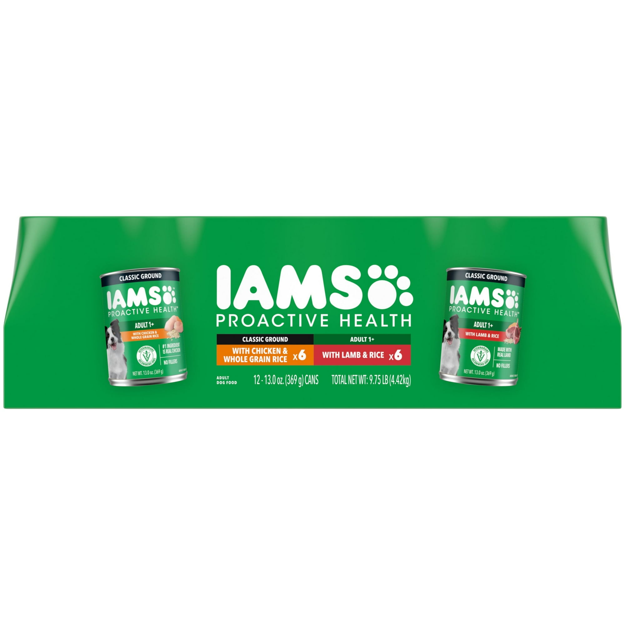 Iams Proactive Health Adult Wet Dog Food, Classic Ground Chicken or Lamb, 13 oz Cans, 12 Pack Variety