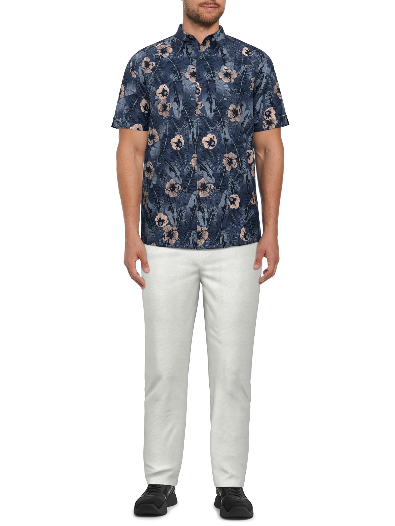 Cafe Luna Men’s Tropical Flower Print Short Sleeve Shirt, up to Size 5XL
