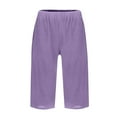 thumbnail image 4 of Bermuda Shorts for Women Knee Length Elastic Waist Long Wide Leg Linen Shorts Comfy Beach Capri Pants with Pockets Purple L, 4 of 5