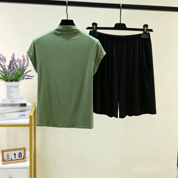 Costeam Womens Mock Neck Short Sleeve Top and Elastic Waist Wide Leg Capri Pants Two Piece Knit Loungewear Set Dual Side Pockets Relaxed Fit Solid Co Ord Outfit