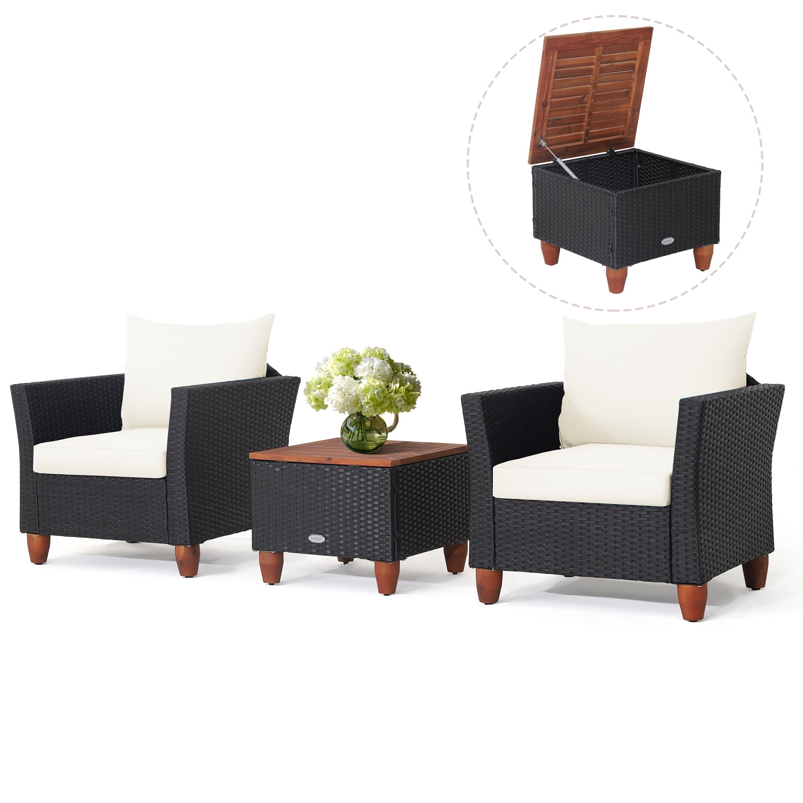 Gymax 3PCS Rattan Furniture Set Cushioned Sofa Storage Table W/ Wood Top Patio White