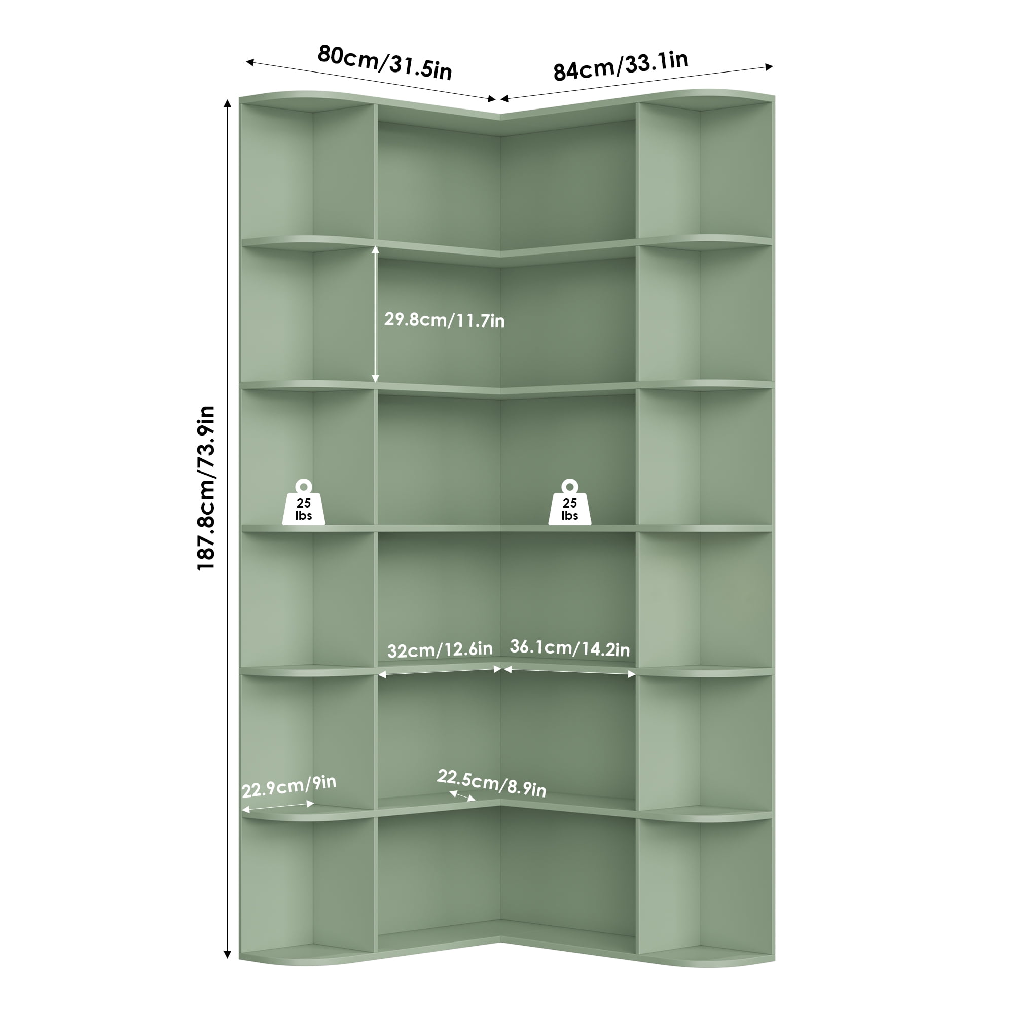 Homfa 73.9” Tall Corner Bookcase, 6 Tier L-Shaped Large Display Bookshelf with Curved Edges for Living Room Home Office Study, Green