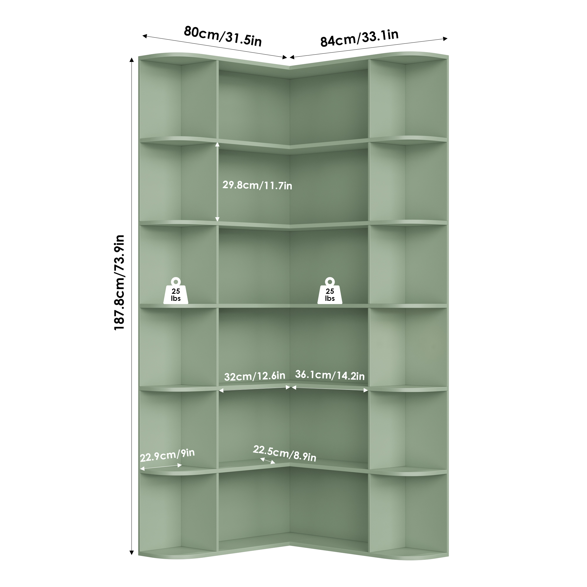 Homfa 6-Tier L-Shaped Corner Bookcase, 73.9 Inch, Green photo 2