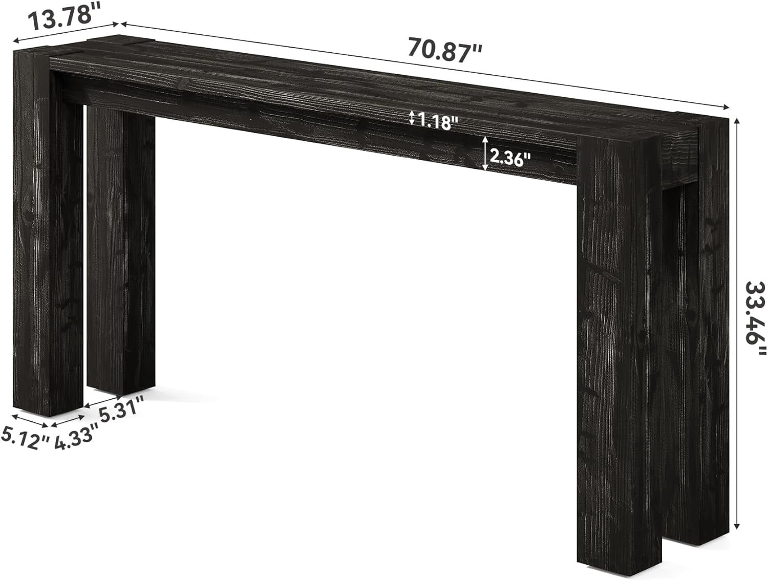 Fnova 70.9" Solid Wood Black Console Table, Farmhouse Extra Long Narrow Entryway Table, Heavy Duty Sofa Table for Living Room, Hallway, Foyer