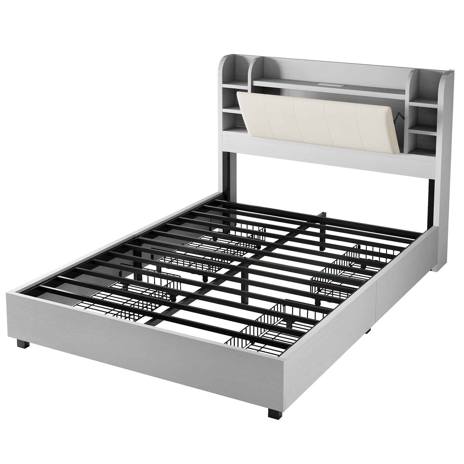 Amerlife Queen Size Bed Frame with Drawers,Upholstered Bookcase Headboard and Charging Station,Gray