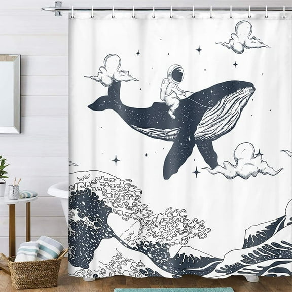 Funny Ocean Wave Shower Curtain, Astronauts Riding Whales in Ocean Wave Shower Curtains, Fabric Oriental Vintage Kanagawa Japanese Art Whimsical Kids Bath Curtain with Hooks, Navy Blue White 70X70IN