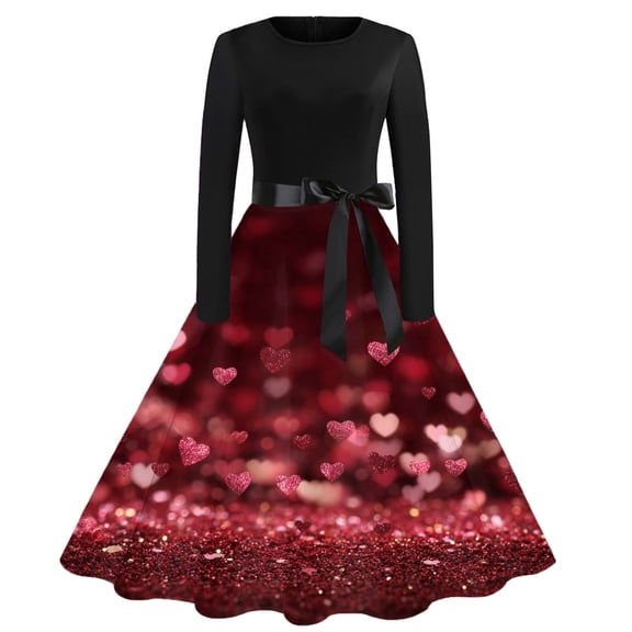 Fgvctg Valentine's Day Dresses for Women Love Heart Print Vintage Cocktail Dress Oversized Crewneck 1950s Tea Dress Long Sleeve Dressy Romantic Date-Night Outfits Red 3XL