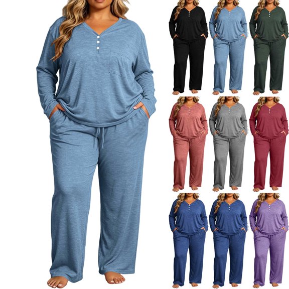 Women Lounge Set Solid Color V-neck Long Sleeved Tops With Button Fashionable Casual Pants SupertSoft Loungewear Set