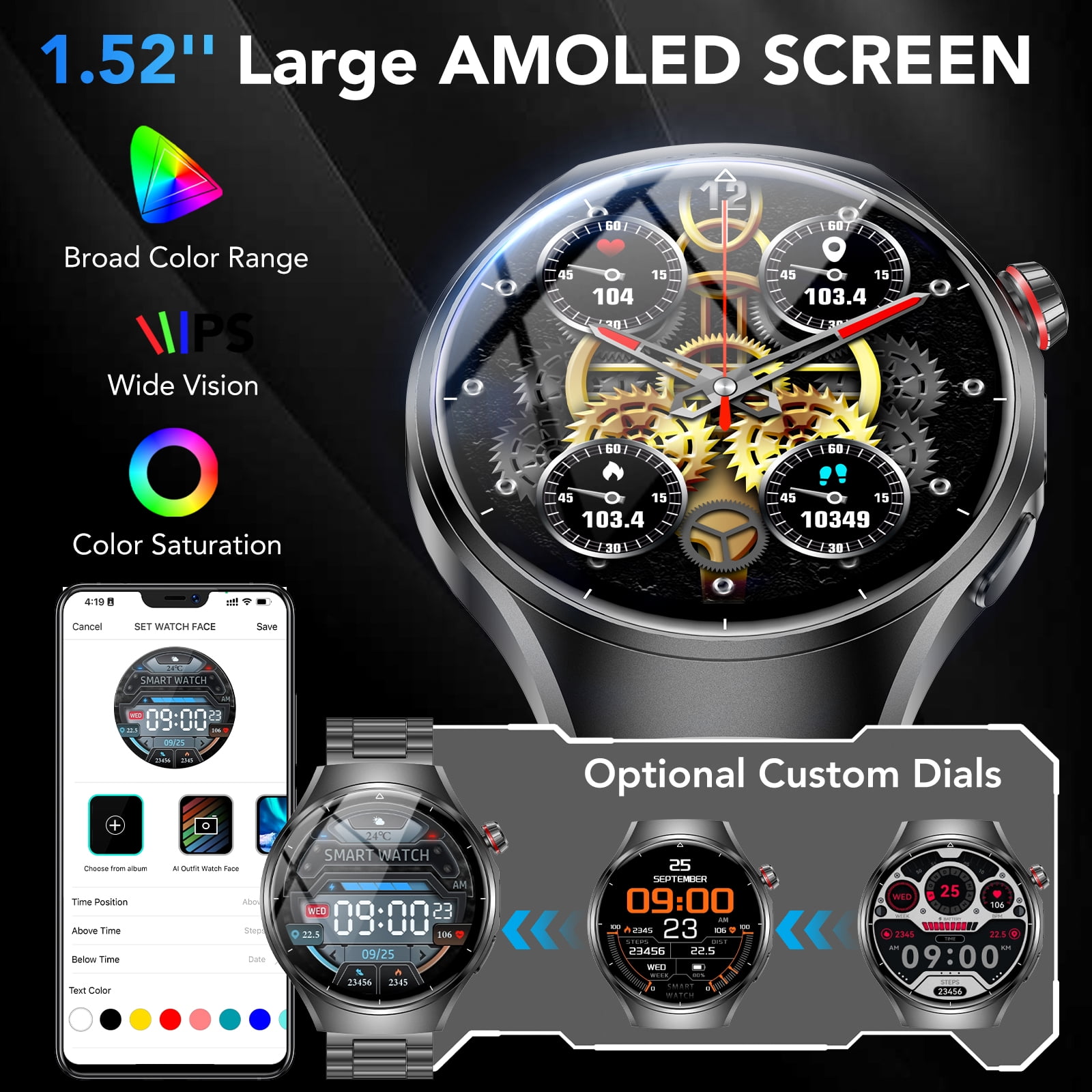 Smart Watch for Men, 1.52" AMOLED Bluetooth Calling Smartwatch for Android iOS, Built-in Flashlight, 1000mAh Long Battery Fitness Tracker, 120+ Sports, IP68 Water Resistant
