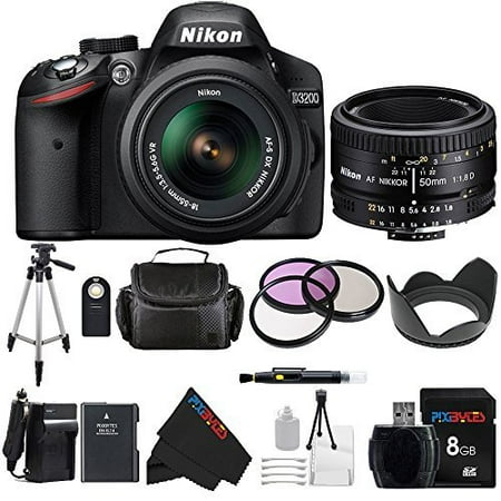 Cmos Lens - Nikon D3200 24.2 MP CMOS Digital SLR with 18-55mm f/3.5-5.6 AF-S DX VR NIKKOR Zoom Lens (Black) + Nikon 50mm f/1.8D AF Nikkor Lens + Pixi-Basic Dual Lens Accessory Kit