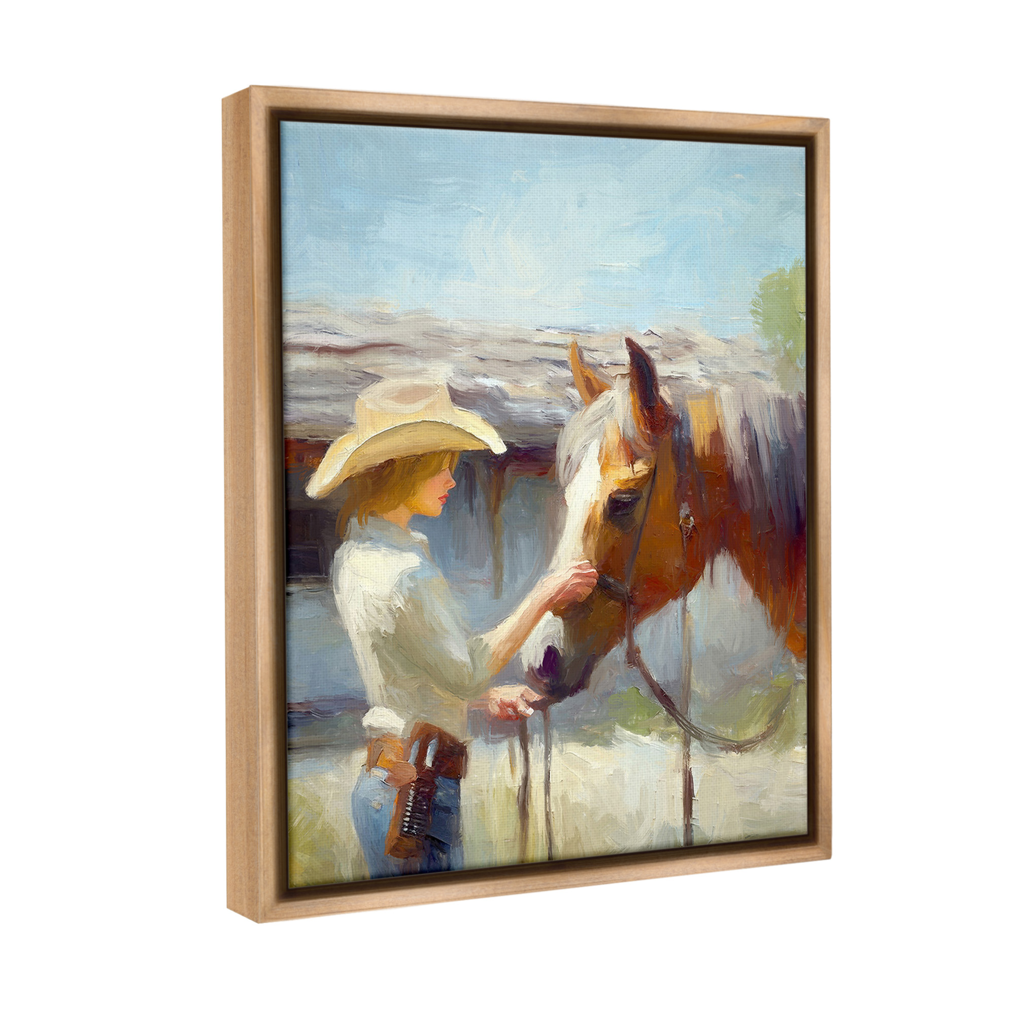 Stupell Industries Girl Caring For Horse Animals & Insects Painting Brown Floater Framed Canvas Art Print Wall Art, 17 x 21
