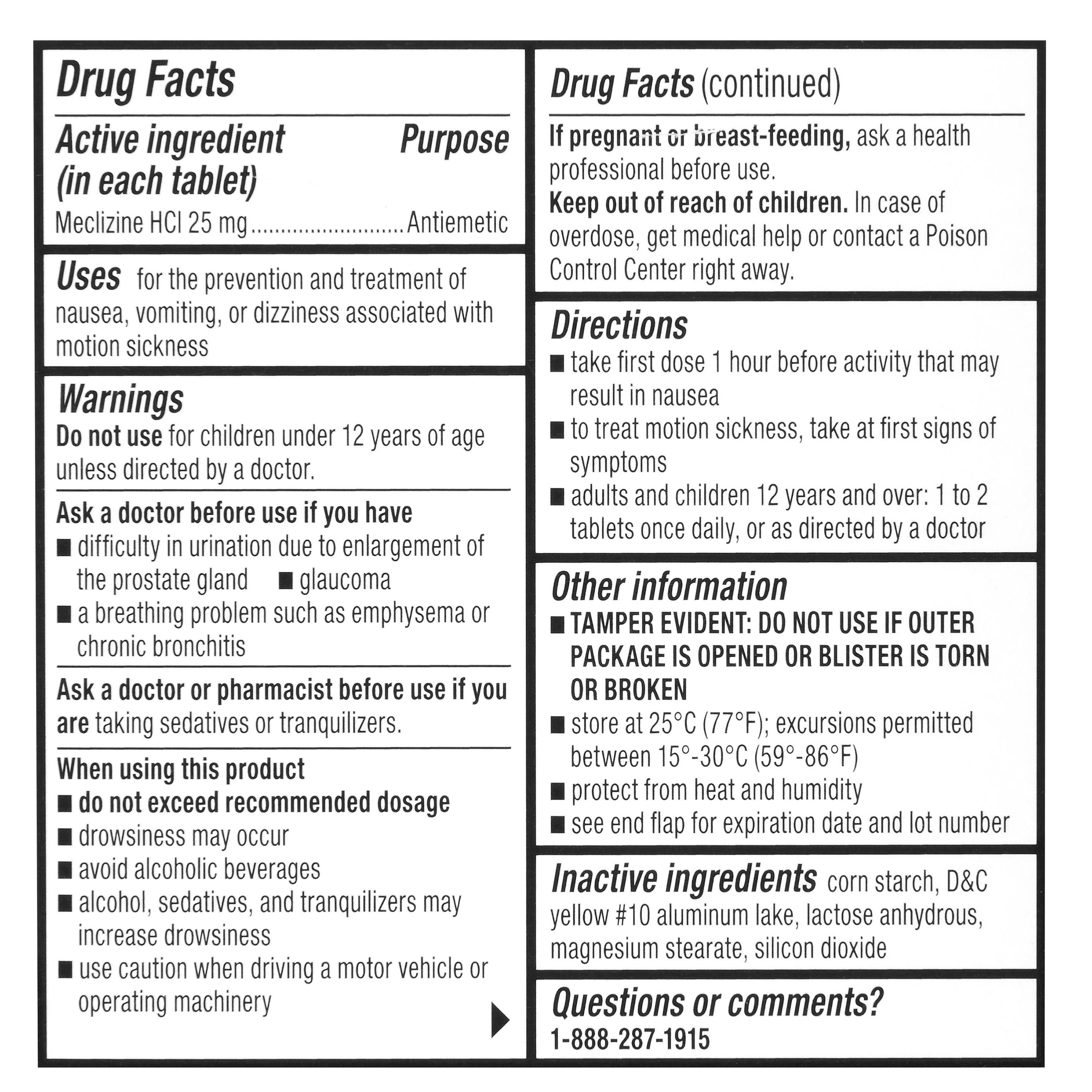 Equate Nausea Relief Meclizine HCl Tablets, 25 mg, 10 Count