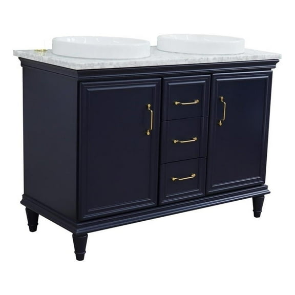 49 in. Double Wooden Vanity Blue with White Carrara Round Sink