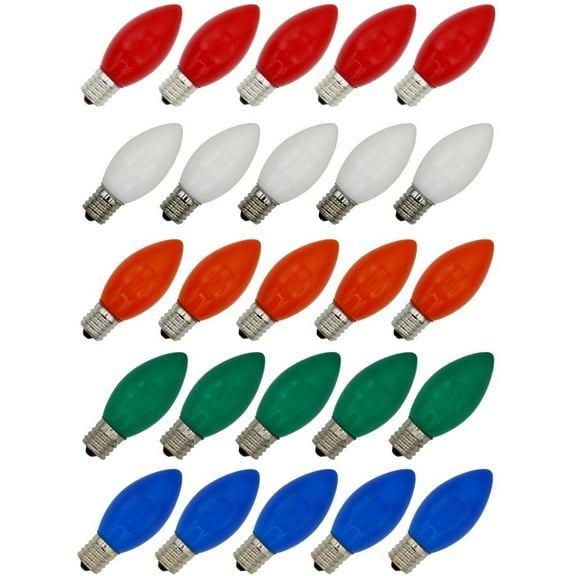 25 Pk Replacement Bulbs for Christmas Lights, 7 Watt, Ceramic Multicolor