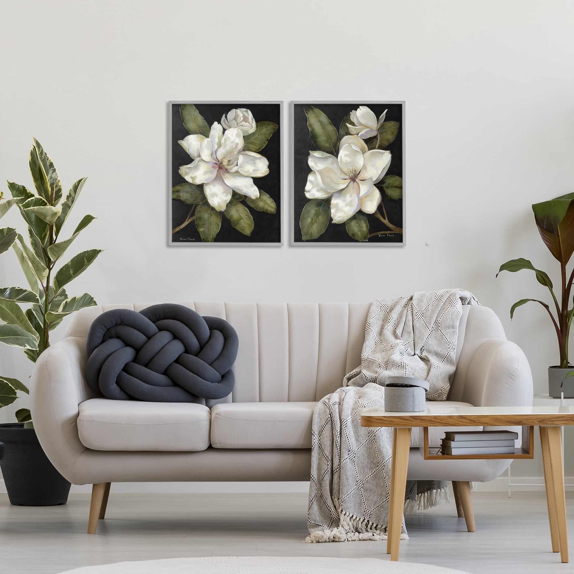 Stupell Industries Magnolia Buds & Blooms 2 Piece Gray Framed Giclee Art Set, design by Nan
