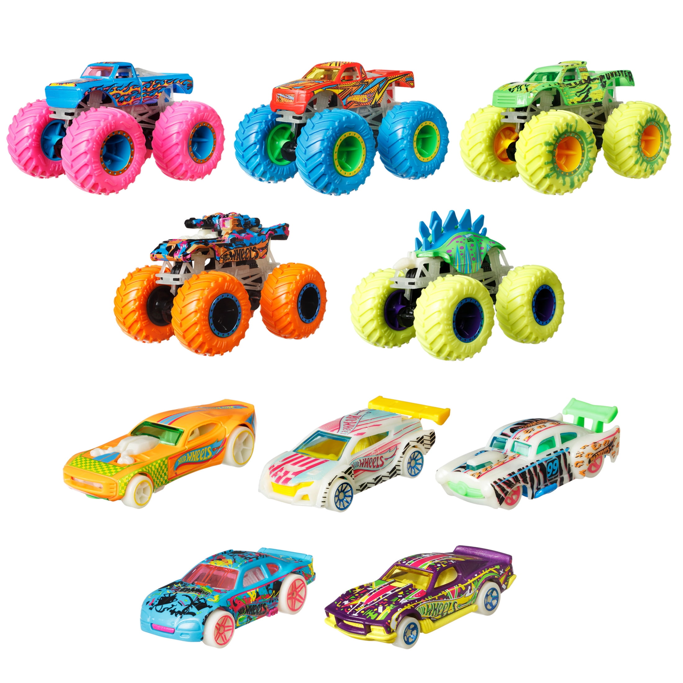 Hot Wheels Monster Trucks Glow In The Dark Multipack, 10 Toy 1:64 Vehicles: 5 Trucks & 5 Cars