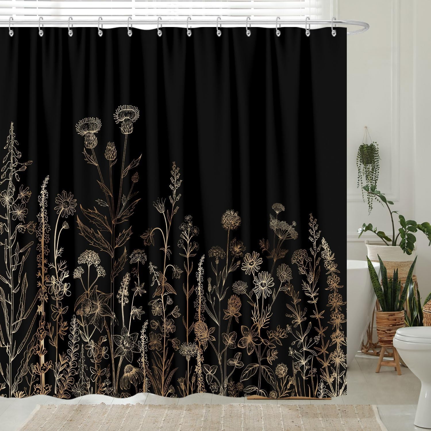 Vintage Black and Gold Boho Shower Curtain, Black and Tan Cream Floral Aesthetic Dark Wildflower Botanical Flowers Shower Curtain for Bathroom with Hook,Farmhouse Plant Art Chic Shower Curtain 72X72