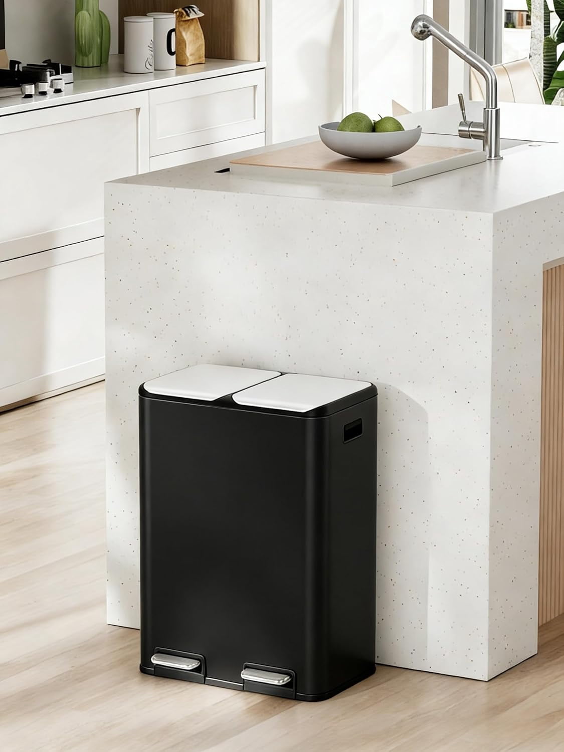 Arlopu 16 Gal (60 L) Dual Kitchen Trash Can Rectangular Recycling Bin Stainless Steel, Soft Close Lid, 2 Built-in Box for Odor Control