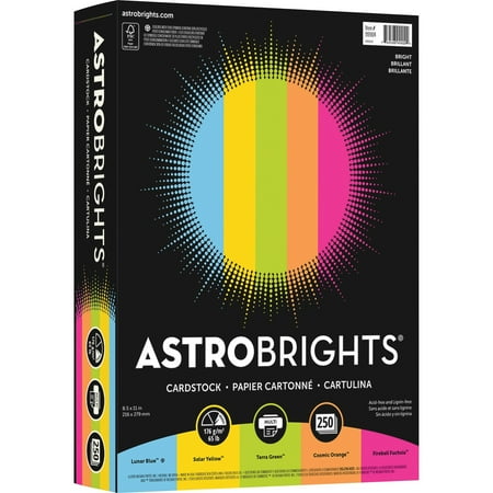 Astrobrights, NEE99904, Colored Cardstock Paper Assortment, 250 / Pack, Lunar Blue,Solar Yellow,Terra Green,Fireball Fuschia,Cosmic (Best Printer For Cardstock Paper)