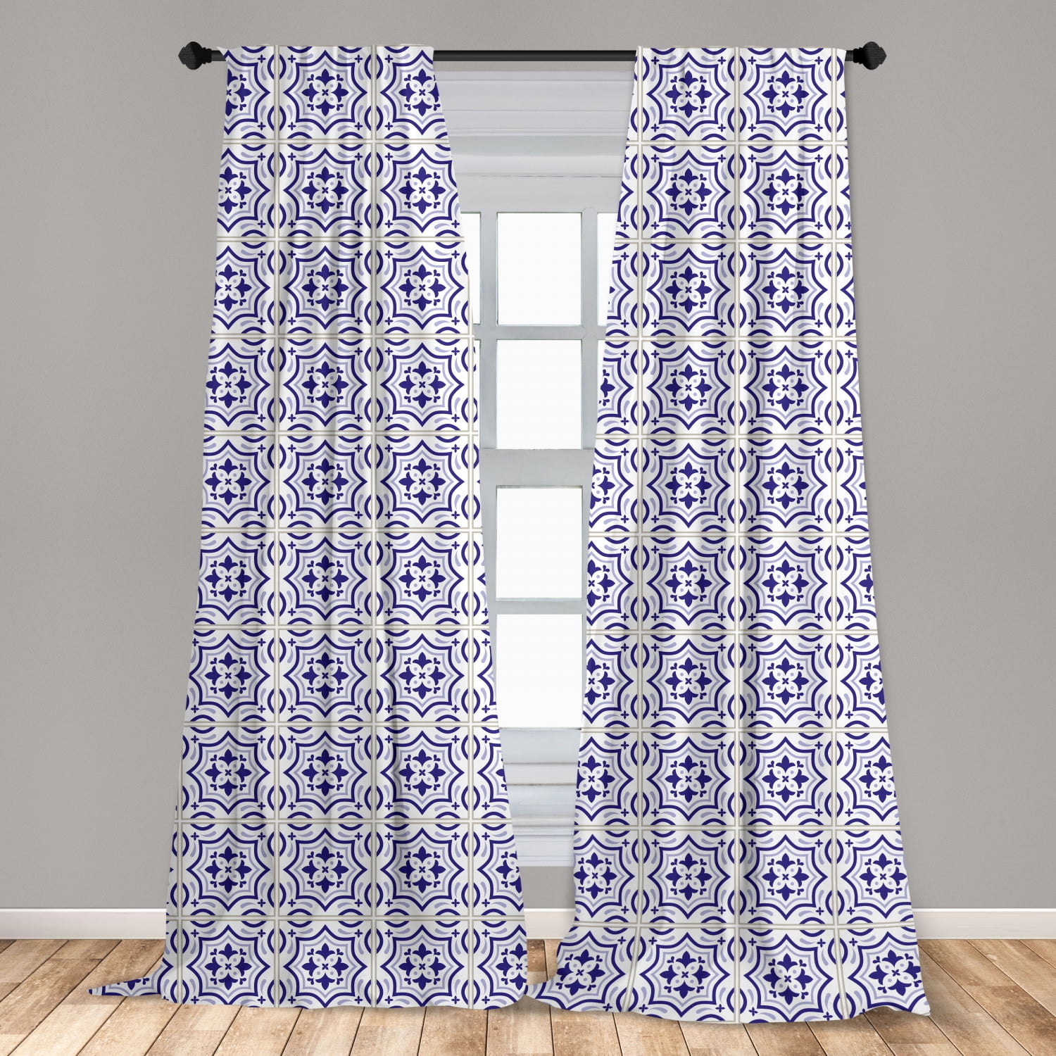 Navy Blue Curtains 2 Panels Set, Portuguese Tile Design Traditional