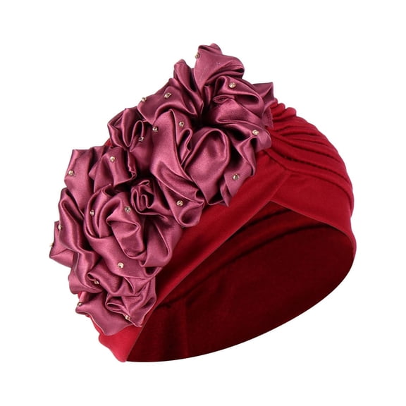 yunLXY Hijab Cap for Women Wine Muslim hat Women Solid Beading India Hat Ruffle Cancer Chemo Hat Beanie Wrap Cap One Size 1PC
