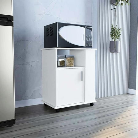 Kitchen Cart In White - For Microwave Placement 3 Side Shelves Modern & Enrapturing Design 4 Open Shelves Cabinet Locking Mobility Robust Location Captivating