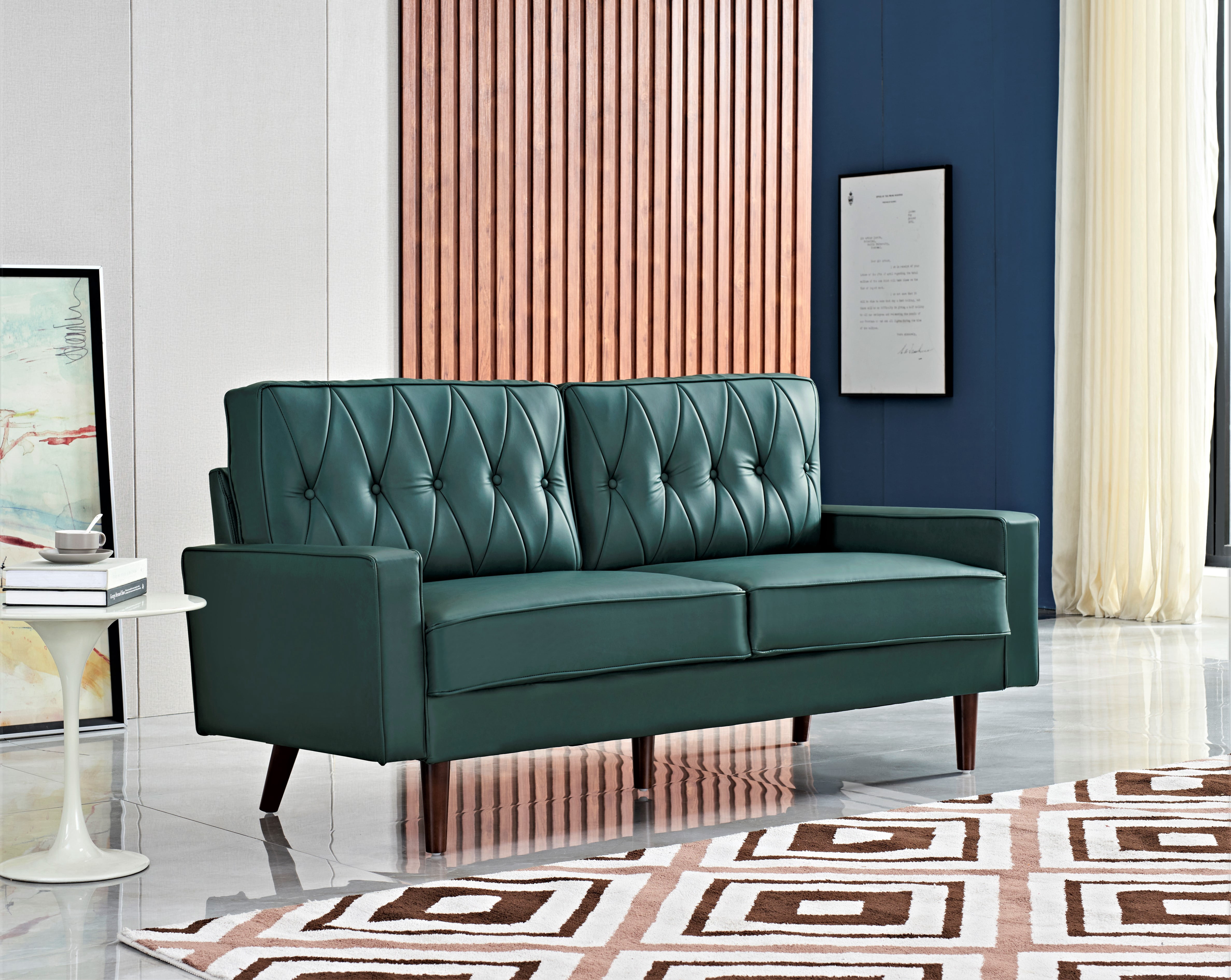 Uspridefurniture Acire 69.3" Faux Leather Cushion Back Sofa, Blue-Green