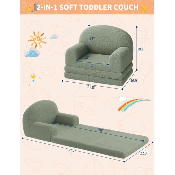 Kicctian Convertible Kids Couch – Soft Sherpa Fold Out Toddler Sofa Chair – Comfy Foam Lounger Bed for Playroom,Green