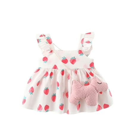 

MissiMae Baby Girls Summer Dress Casual Strawberry Print Flying Sleeves Dress with Cute Horse Bag for Toddler Beach Party Wear 9M-3Y