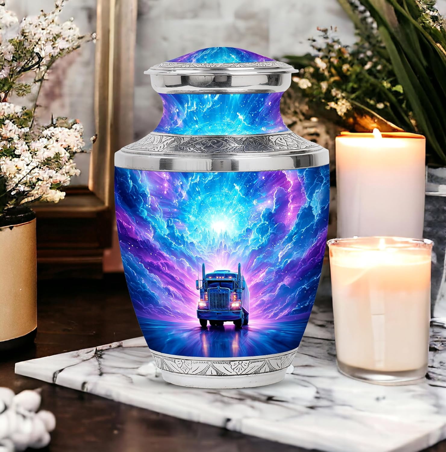 Sunset Semi-truck Cremation Urn For Ashes, Trucker Urn For Human Ashes Adult Man, Funeral Decorative Urns For Human Ash Adult, Burial Urns For Adult Human Ash, Size 6 Inch, 1 Pc