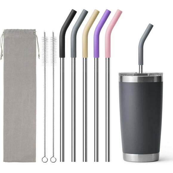 shiyou-Stainless Steel Straws for 20 oz Yeti Tumbler, 5 Pcs Metal Straws Reusable with Silicone Tip for 20 oz Stanley Cup and 16 oz Glass Tumbler, Cleaning Brush, 1 Portable Bag