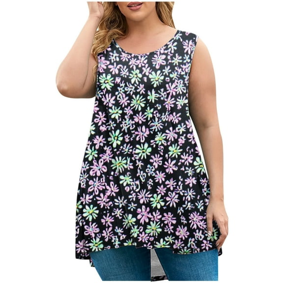 Plus Size Tank Tops for Women Trendy Floral Print Flowy Crew Neck Sleeveless Shirts Summer Casual Loose Tops (XL, Gray 1)