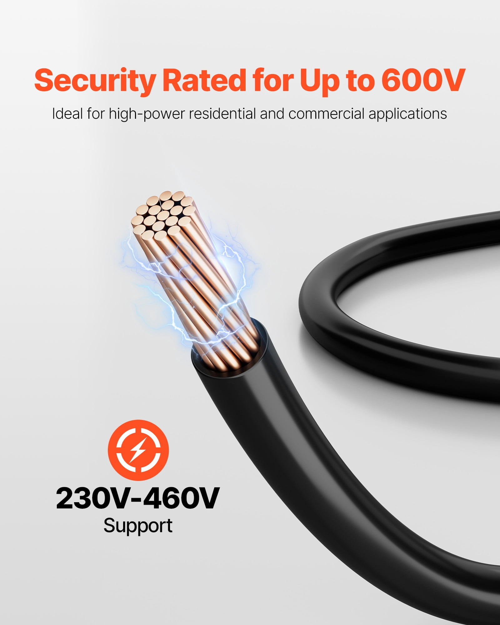 VEVOR 4 AWG THHN Wire, 19-Stranded, 100% OFC Copper Electrical Building Wire with Nylon Jacket, Rated for Up to 600 Volts, for Indoor & Outdoor Use, Commercial, Industrial, Residential, Black
