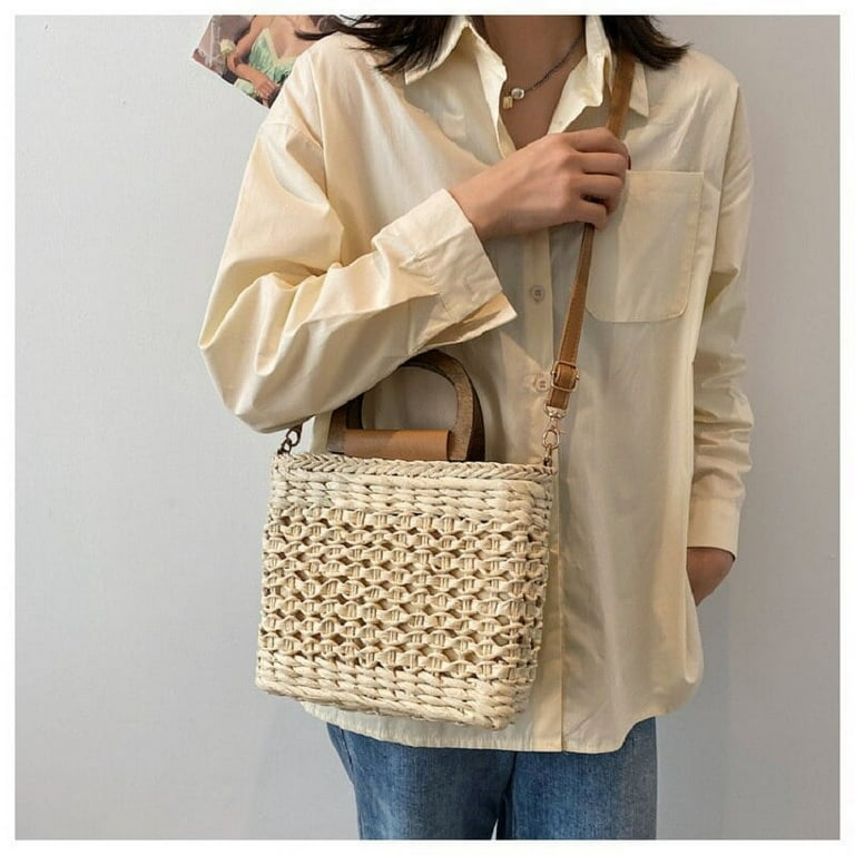 CoCopeaunts Straw Bags Summer Women Tote Bags Designer Handbags PurseS Weave Drawstring Closure Wooden Handle Beach Shoulder Bag