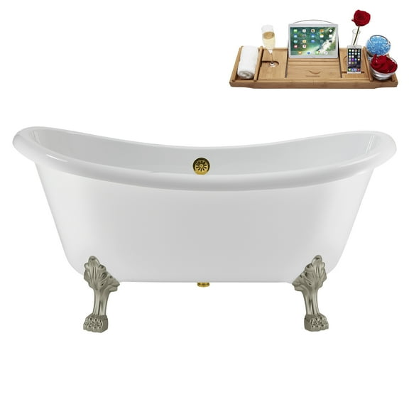 59" Streamline N4880BNK-GLD Soaking Clawfoot Tub and Tray With External Drain in Polished Gold and Brushed Nickel Clawfeet